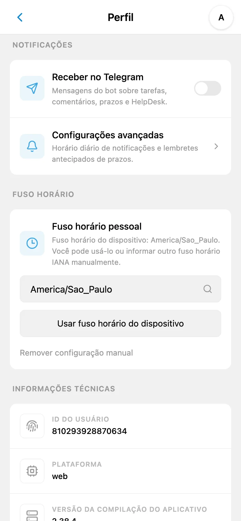 Configurações de fuso horário, horário de notificações e lembretes antecipados de prazos