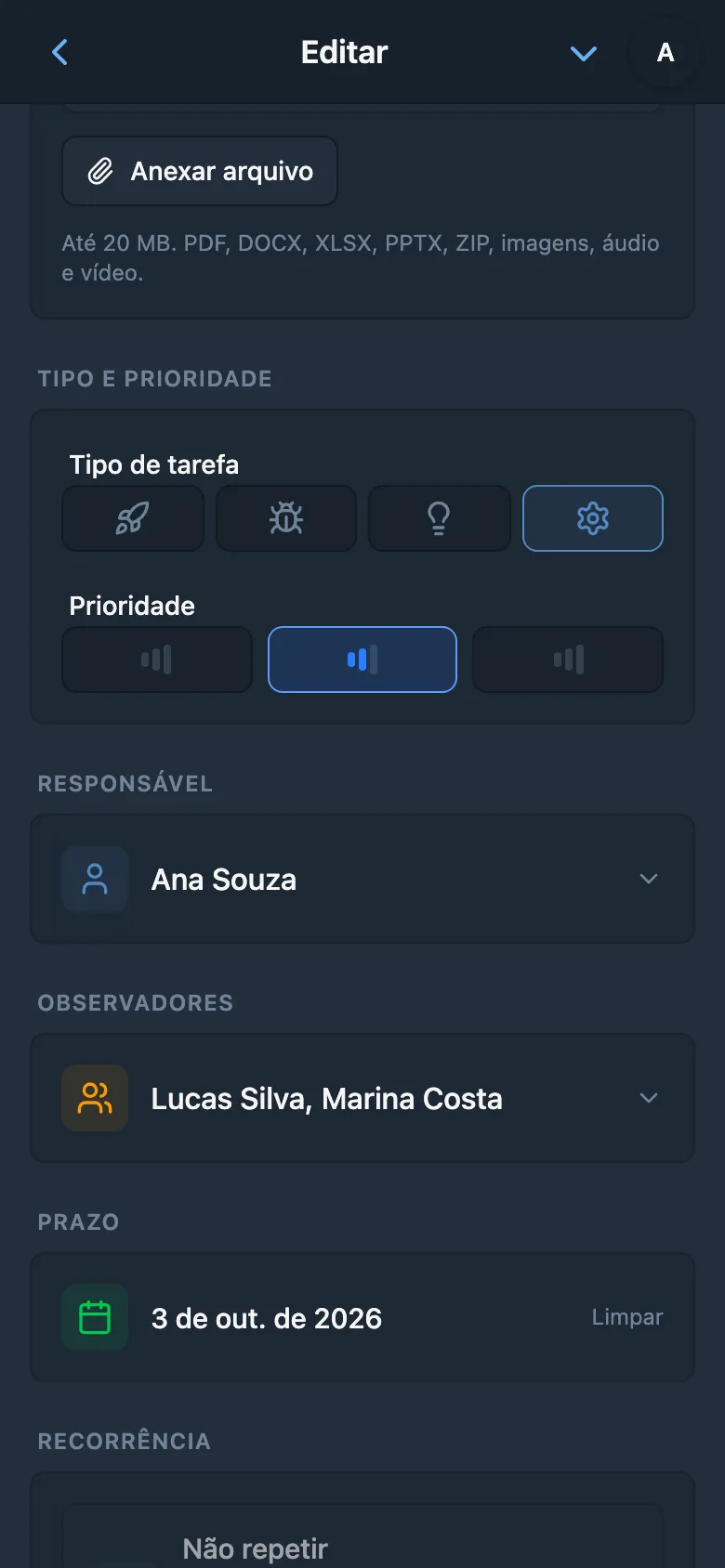 Seleção de responsável entre os membros do espaço de trabalho