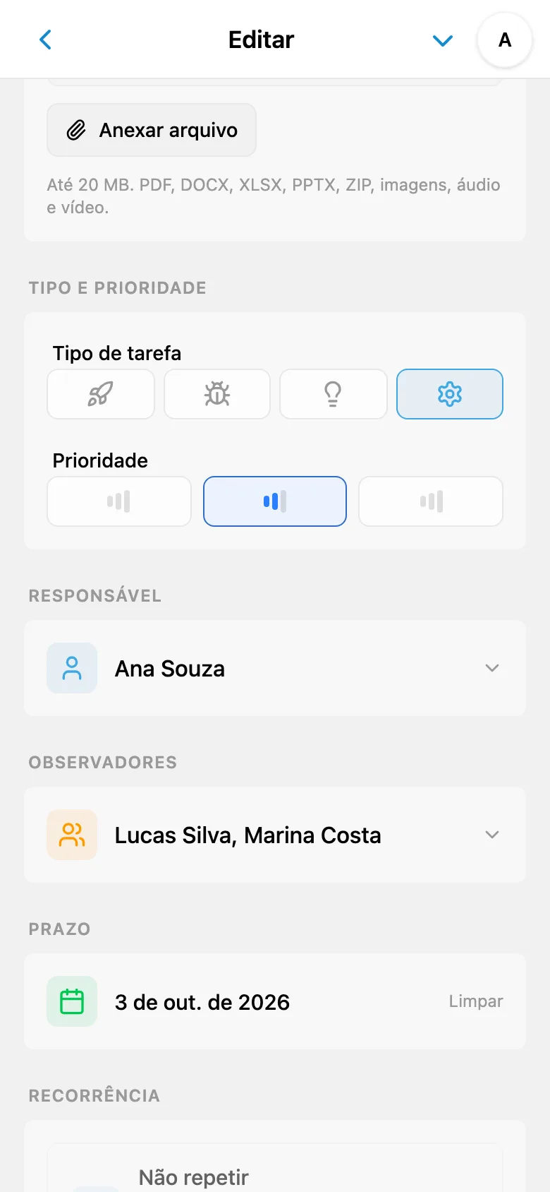 Seleção de responsável entre os membros do espaço de trabalho