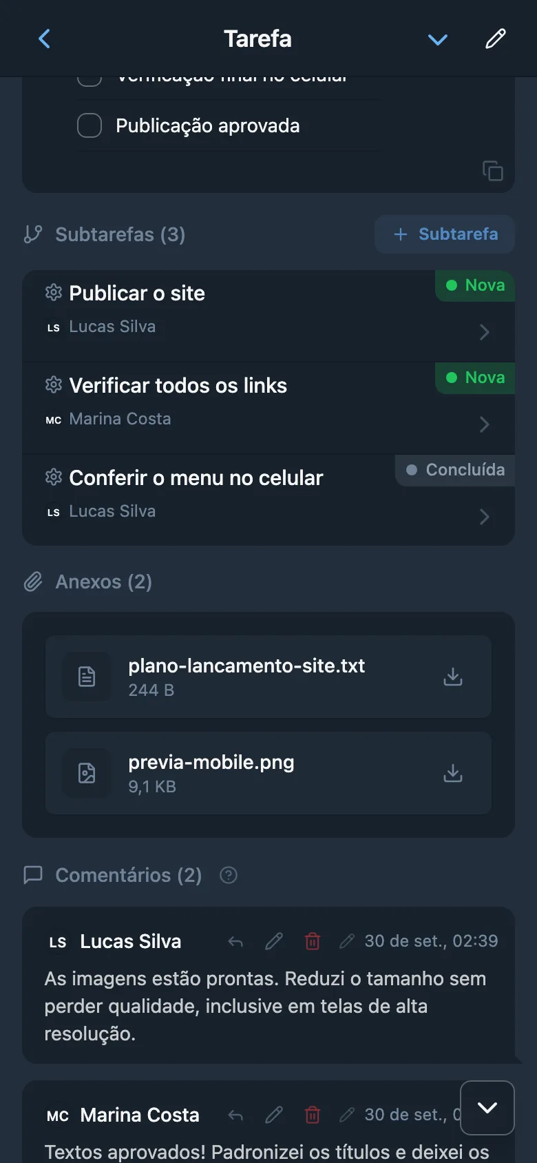 Anexos na tela de uma tarefa