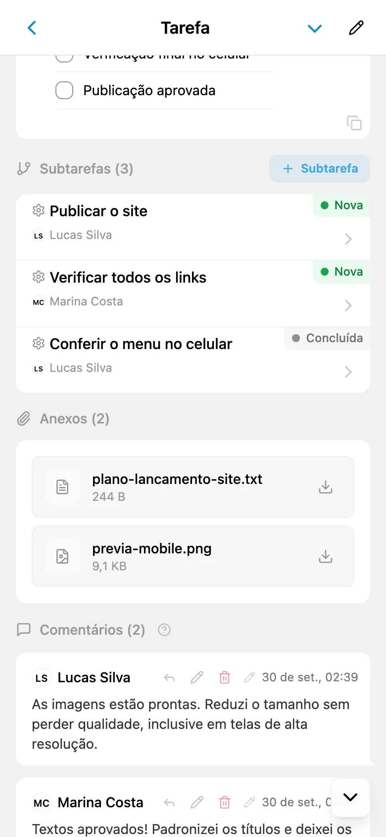 Anexos na tela de uma tarefa