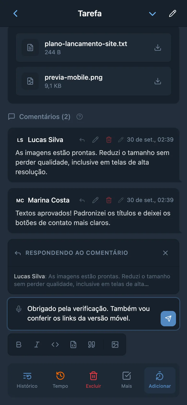 Resposta a um membro da equipe com citação do comentário