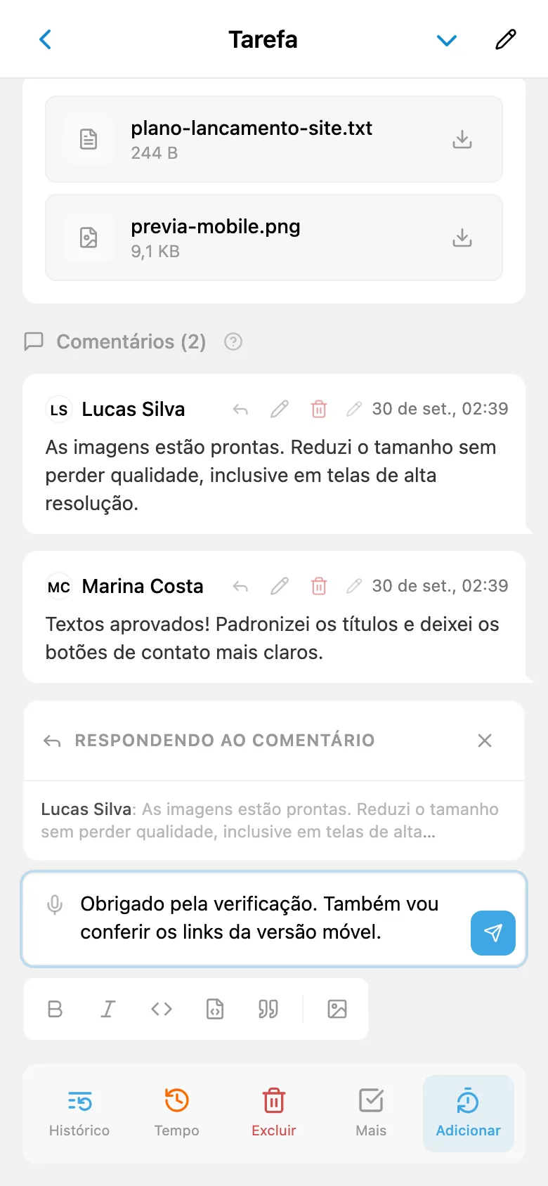 Resposta a um membro da equipe com citação do comentário