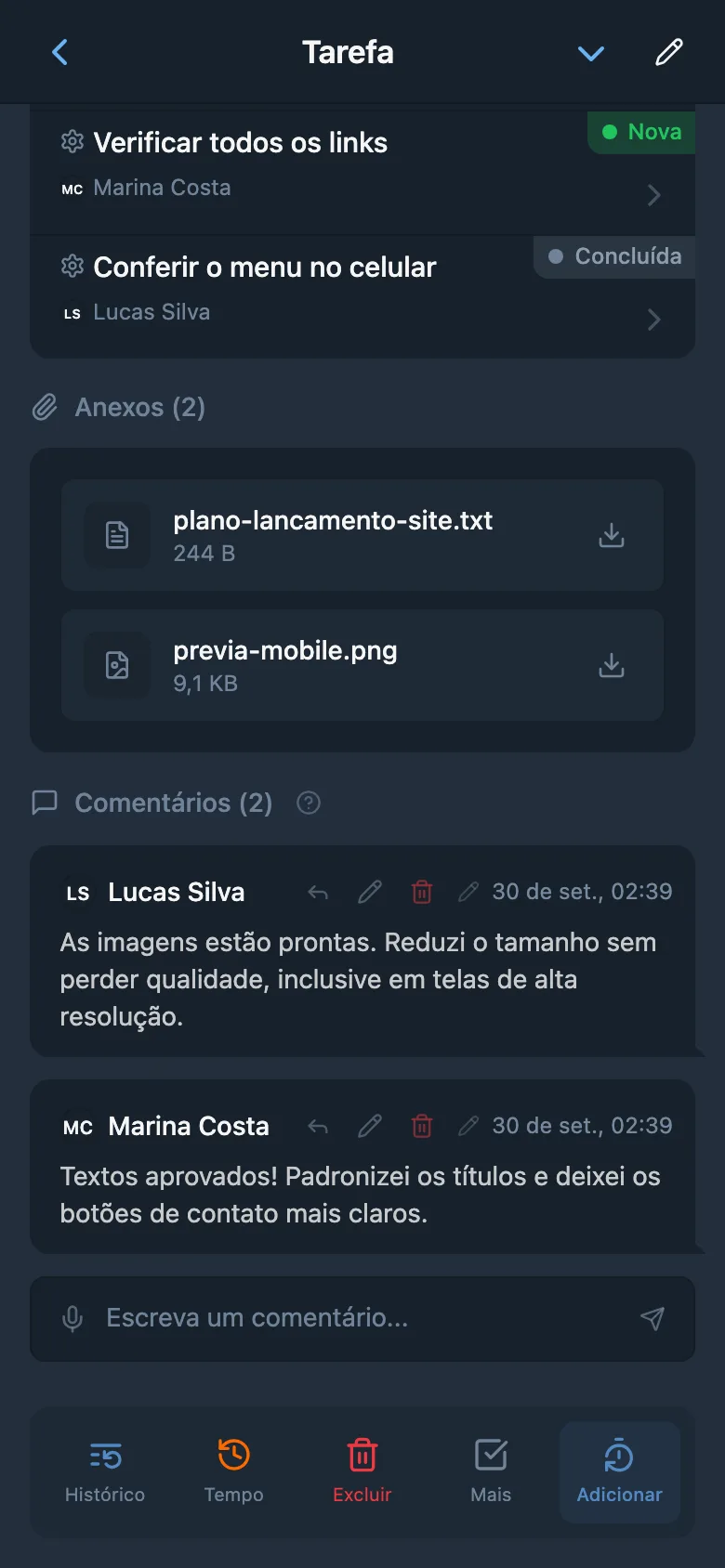 Conversa da equipe nos comentários de uma tarefa