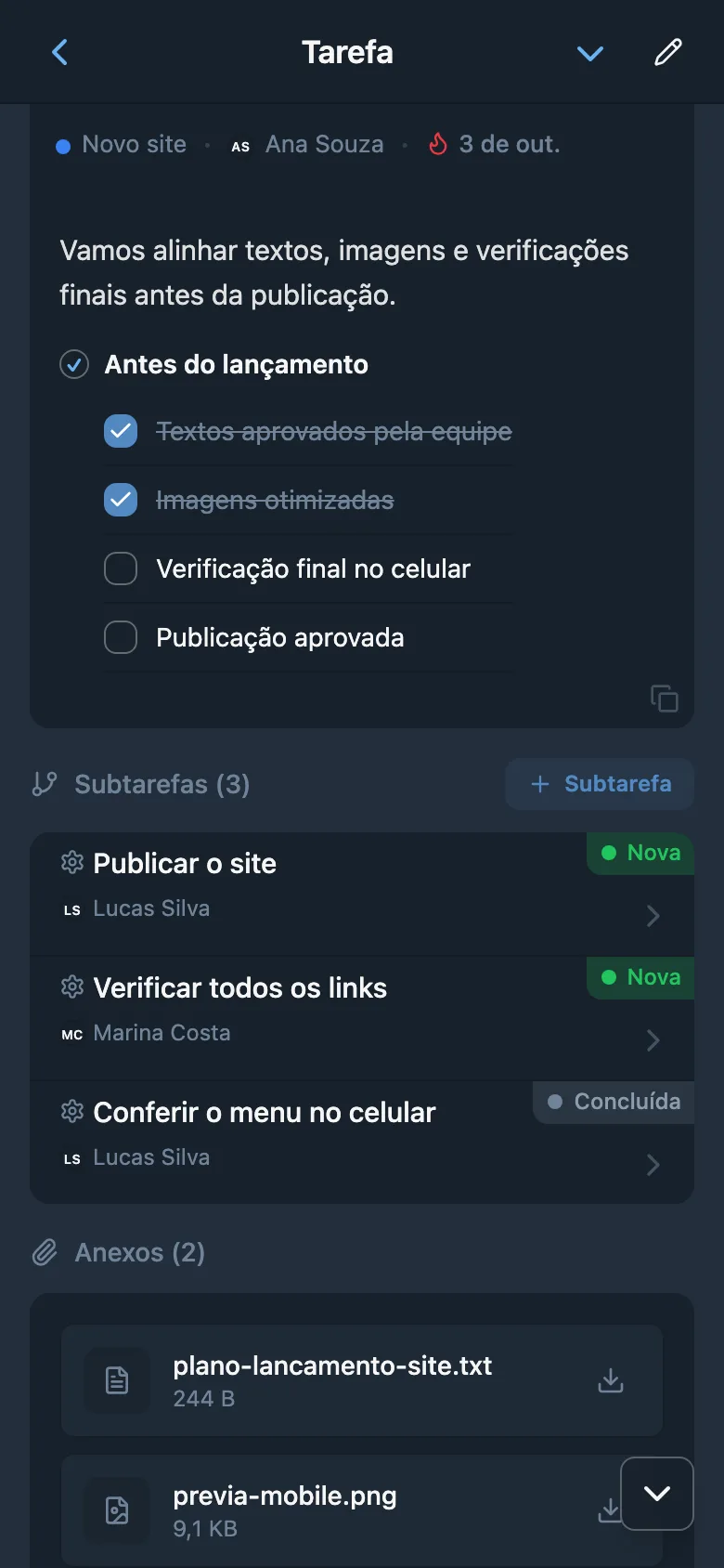 Tarefa com lista de subtarefas, seus status e responsáveis