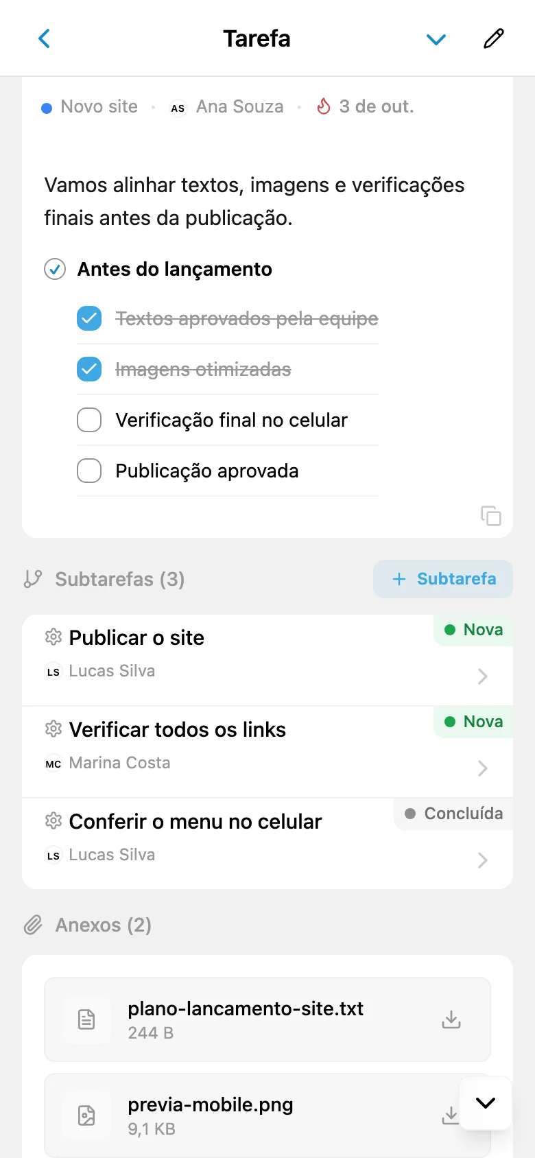Tarefa com lista de subtarefas, seus status e responsáveis