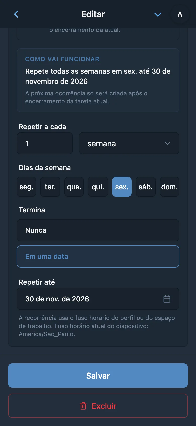 Regra de tarefa recorrente para toda sexta-feira, com data de término da série