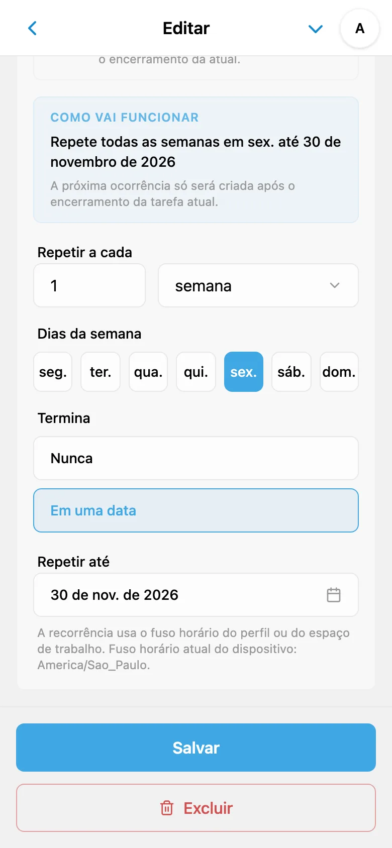 Regra de tarefa recorrente para toda sexta-feira, com data de término da série