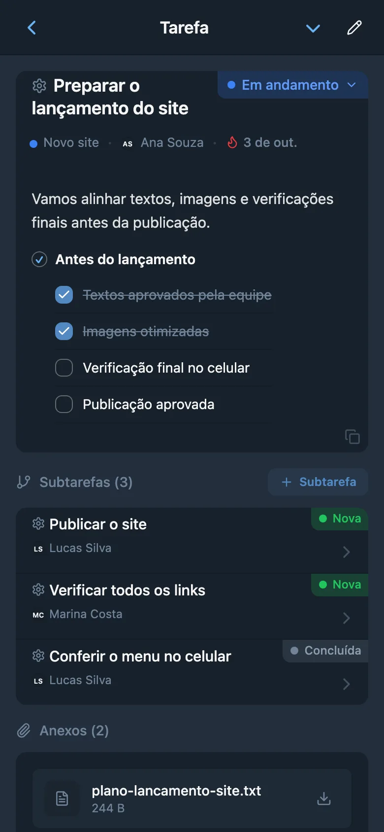Descrição de tarefa com lista, link, bloco de código e citação