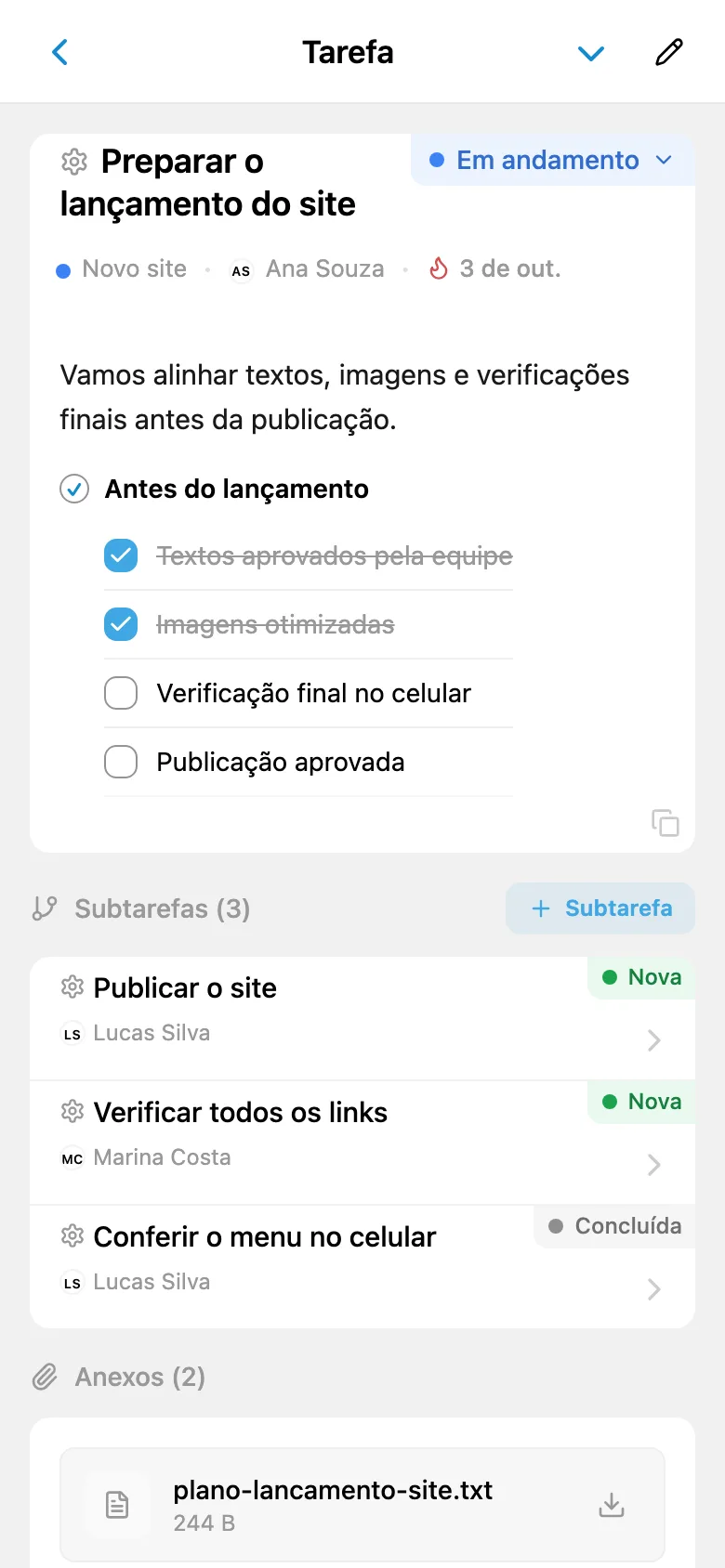 Descrição de tarefa com lista, link, bloco de código e citação