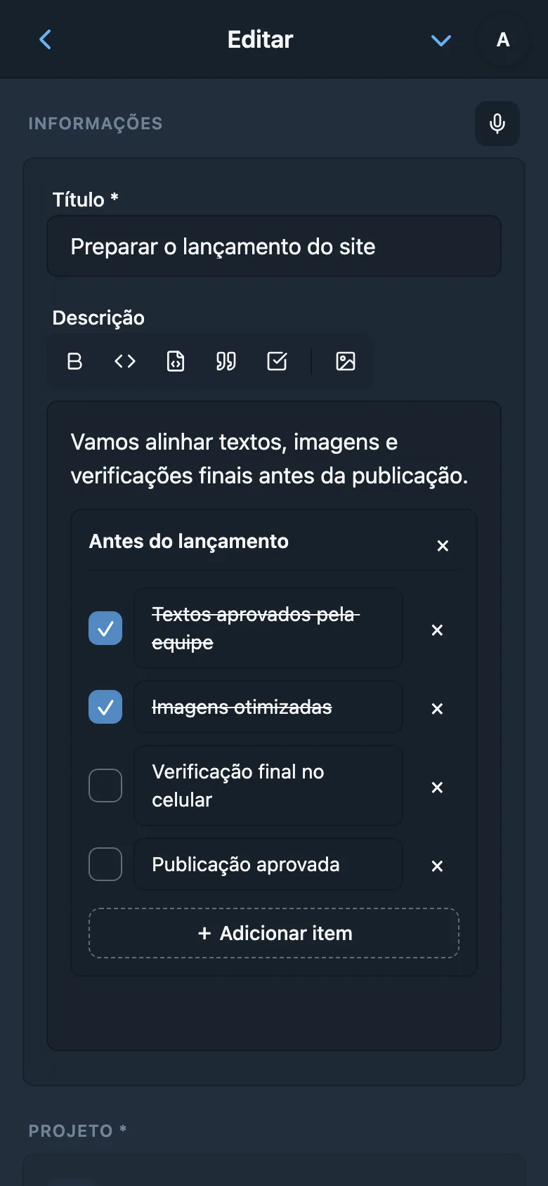 Editor de descrição da tarefa com formatação e bloco de código