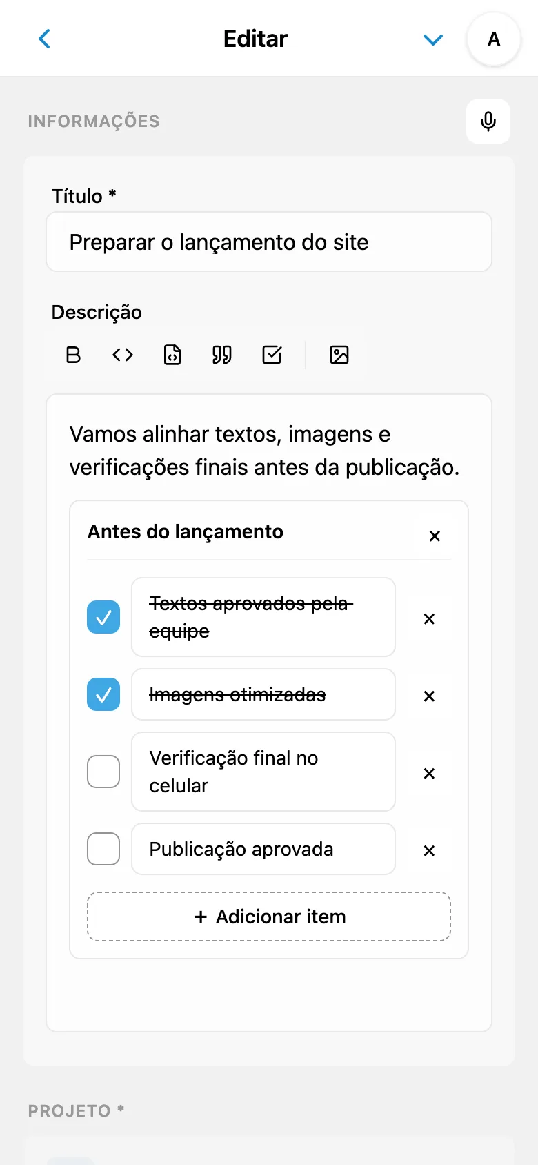 Editor de descrição da tarefa com formatação e bloco de código