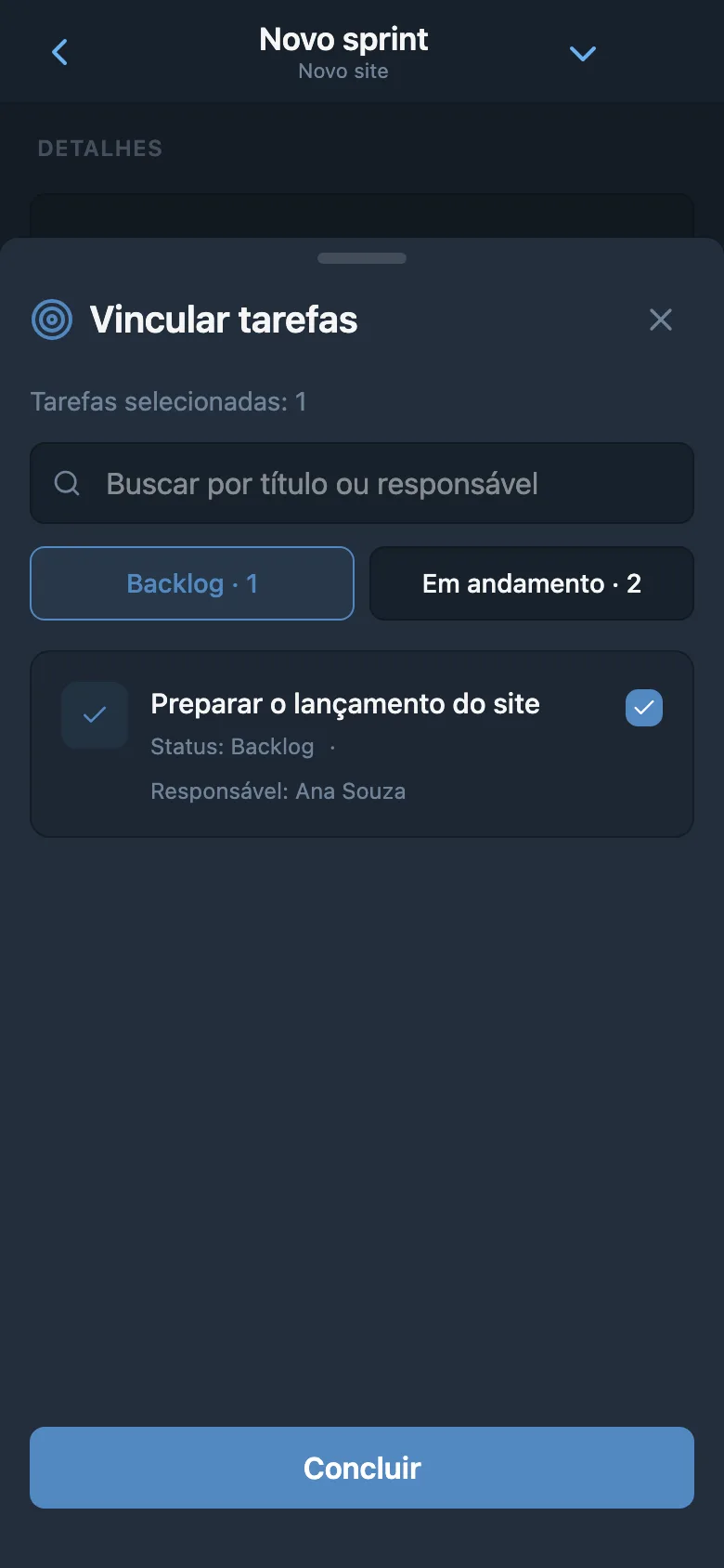 Seleção de tarefas do backlog do projeto para adicionar a um sprint