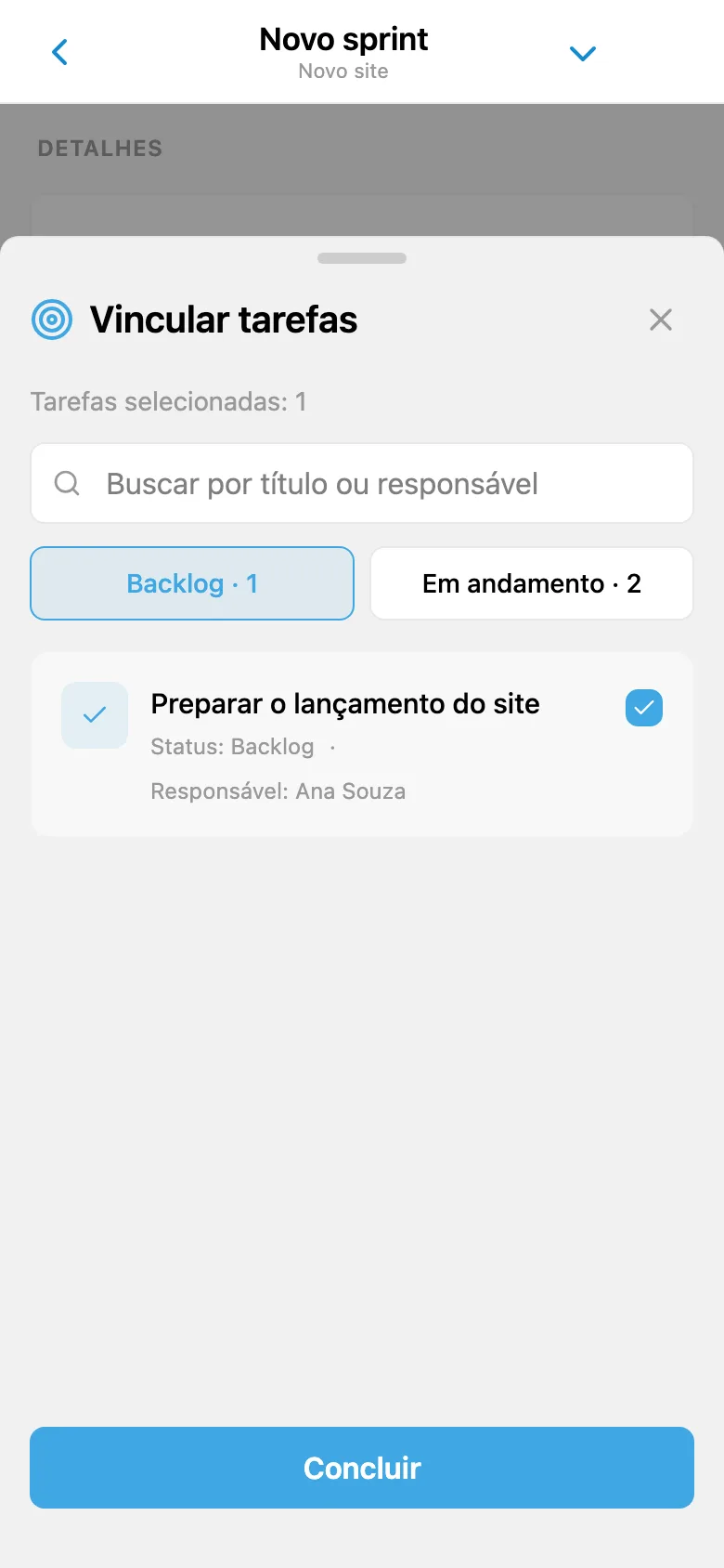 Seleção de tarefas do backlog do projeto para adicionar a um sprint