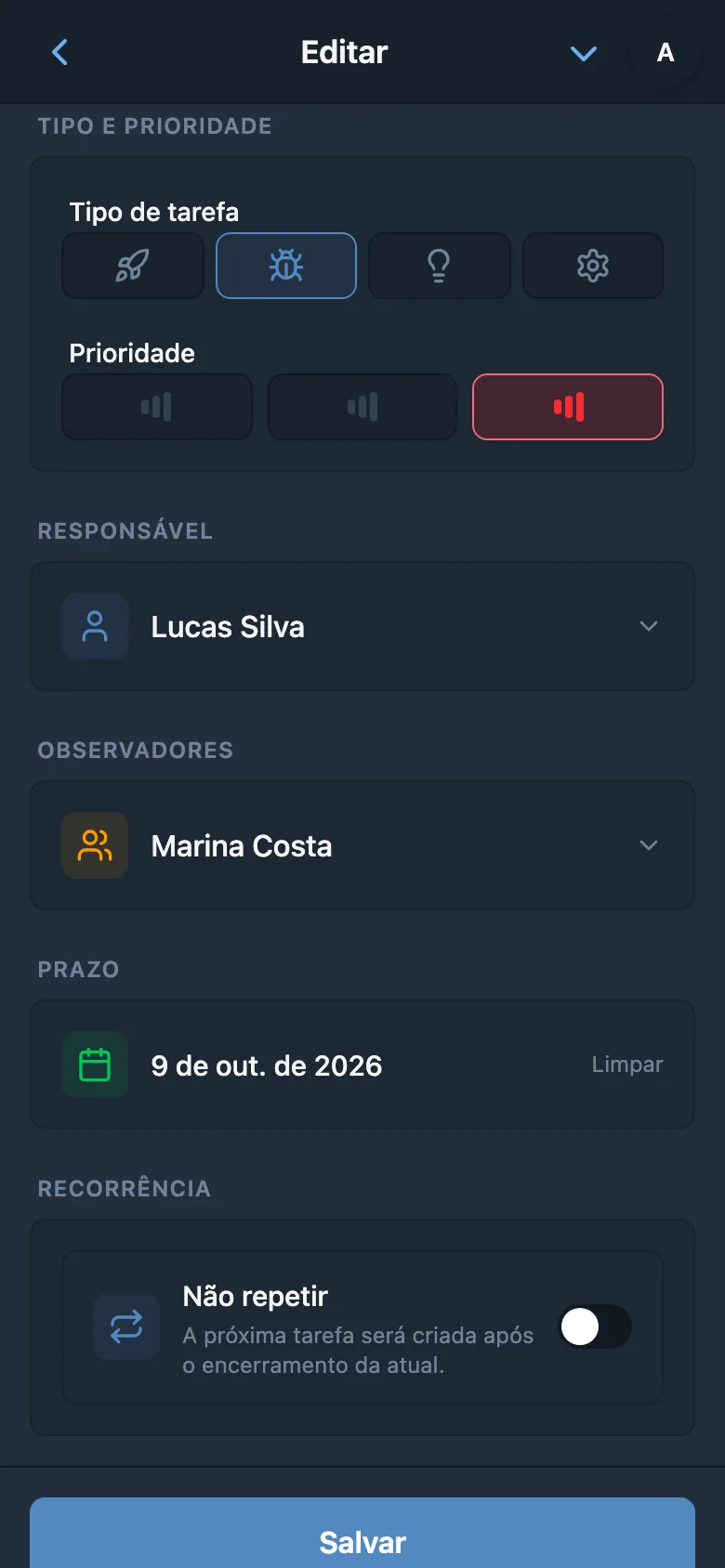 Campos da tarefa com tipo Bug, prioridade Alta, responsável, observador e prazo