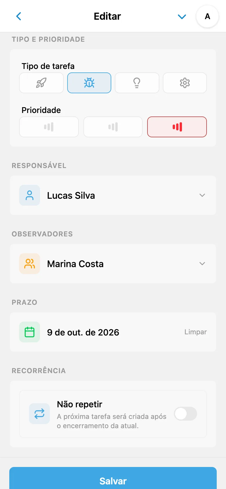Campos da tarefa com tipo Bug, prioridade Alta, responsável, observador e prazo