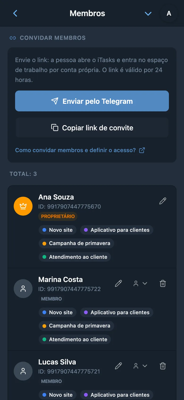 Criação de convite para o espaço de trabalho