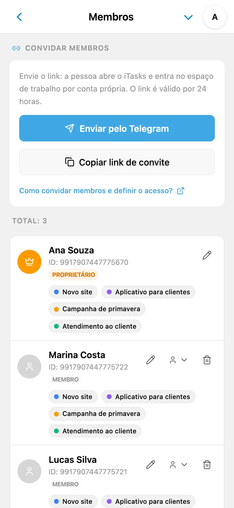 Criação de convite para o espaço de trabalho