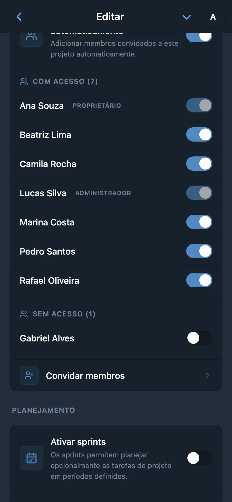 Configurações de acesso ao projeto