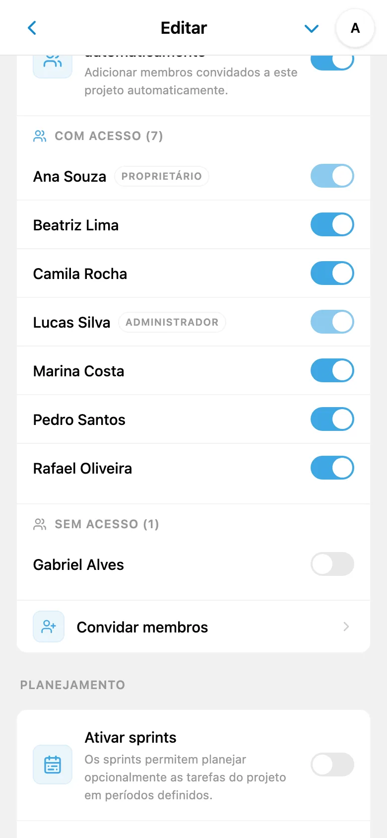 Configurações de acesso ao projeto