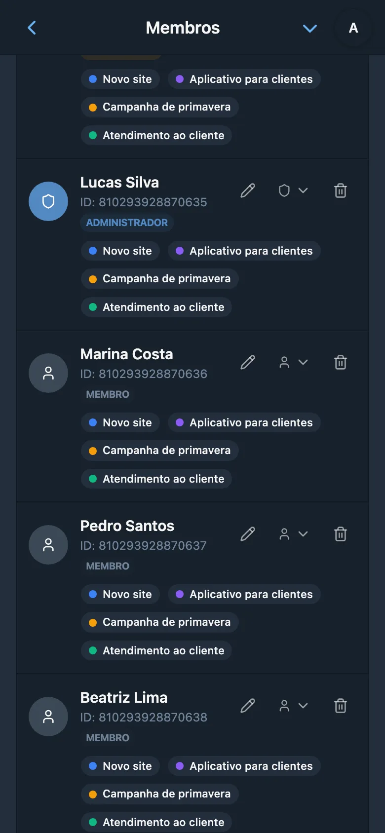 Lista de membros do espaço de trabalho com suas funções