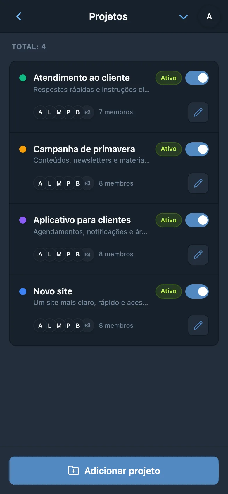 Lista de projetos na interface móvel do iTasks