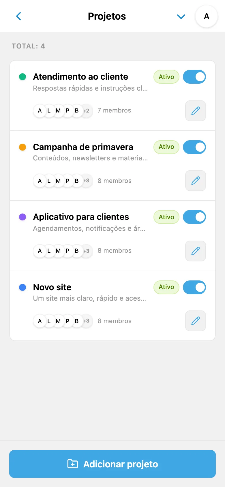 Lista de projetos na interface móvel do iTasks
