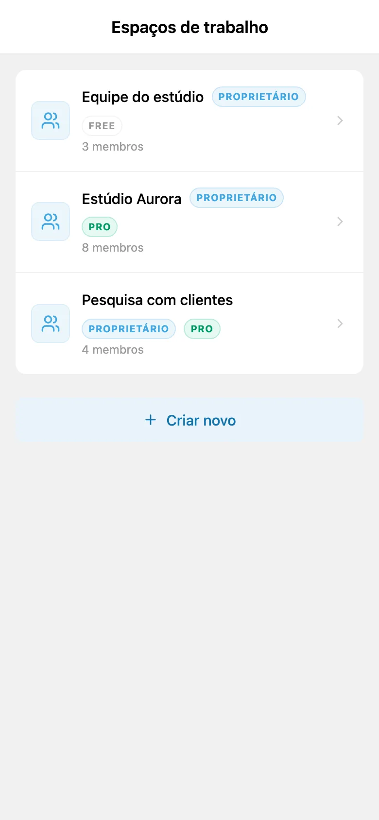 Lista de espaços de trabalho disponíveis