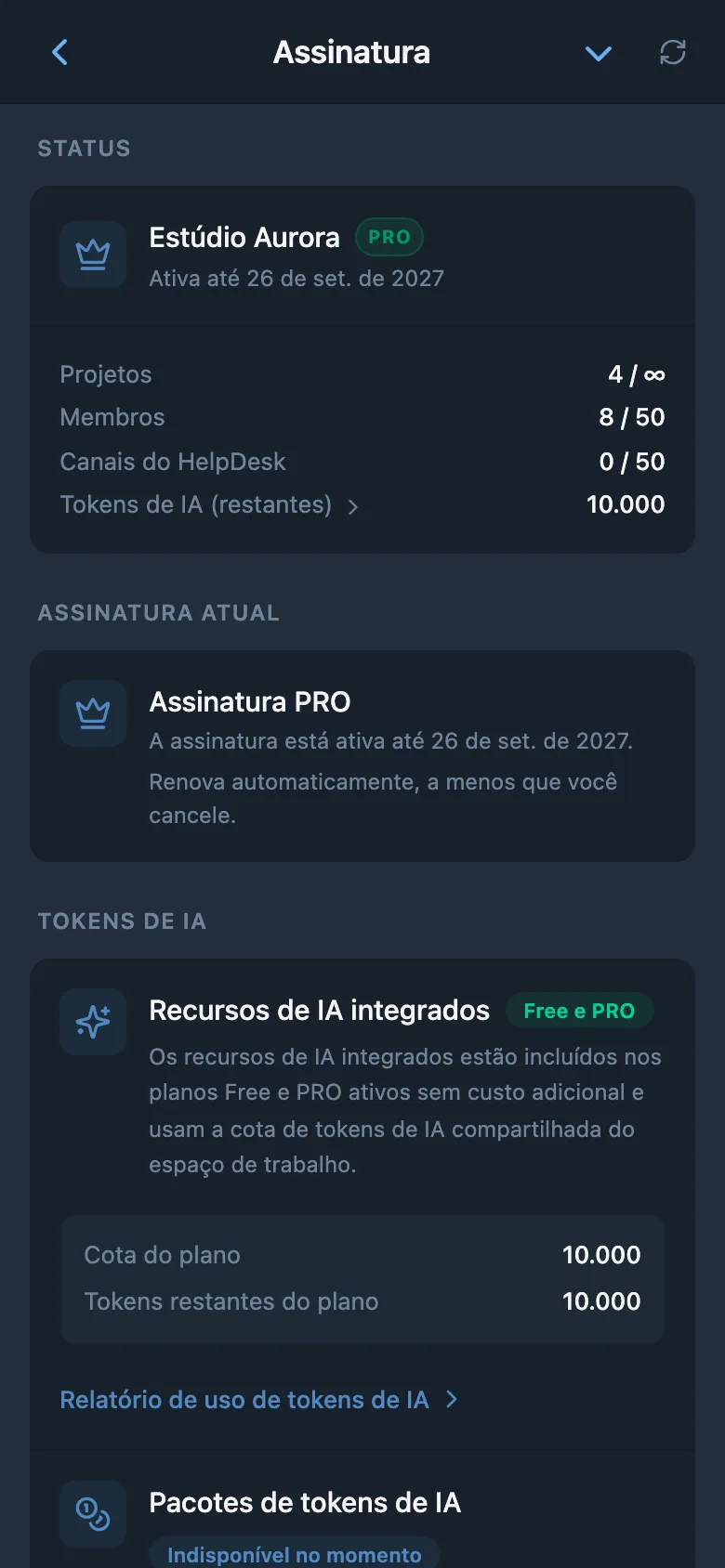 Informações da assinatura do espaço de trabalho