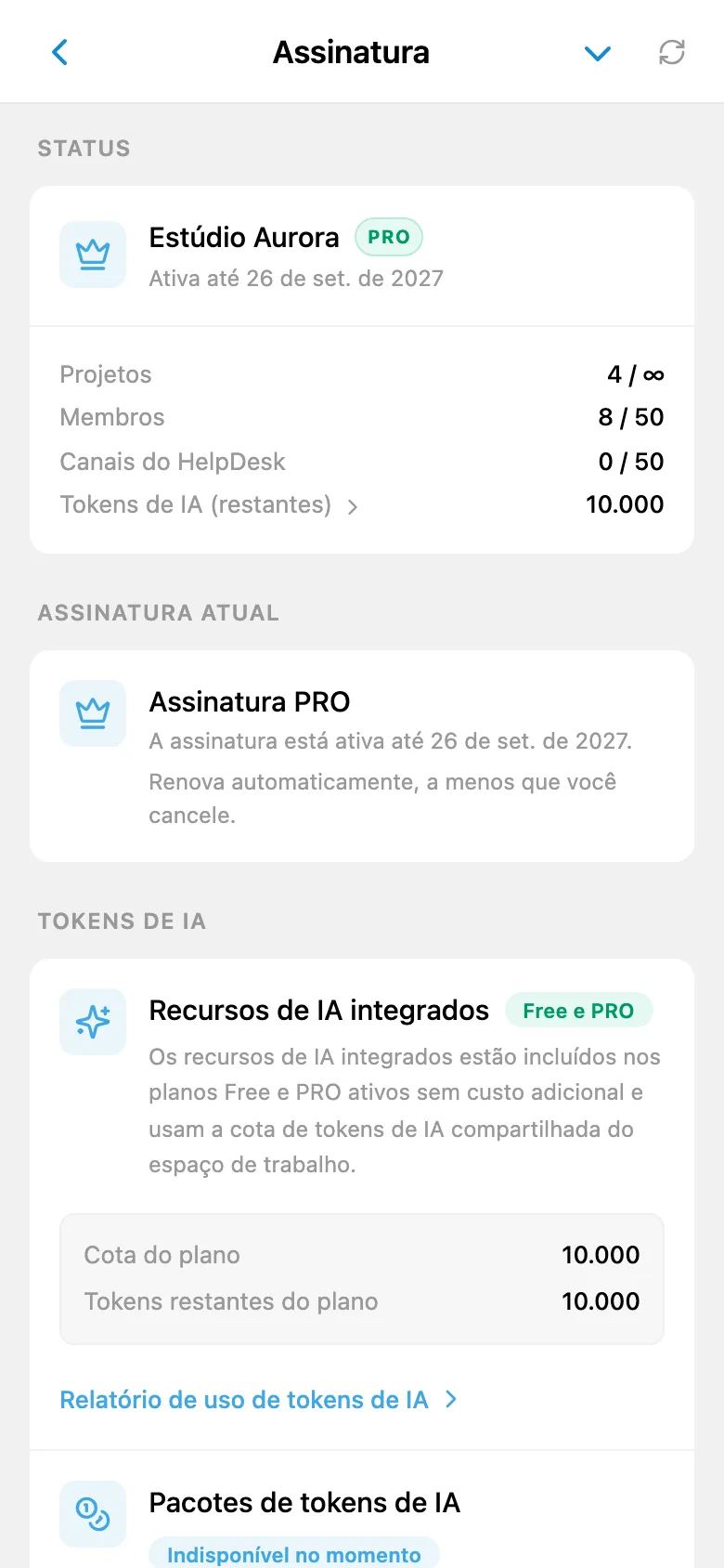 Informações da assinatura do espaço de trabalho