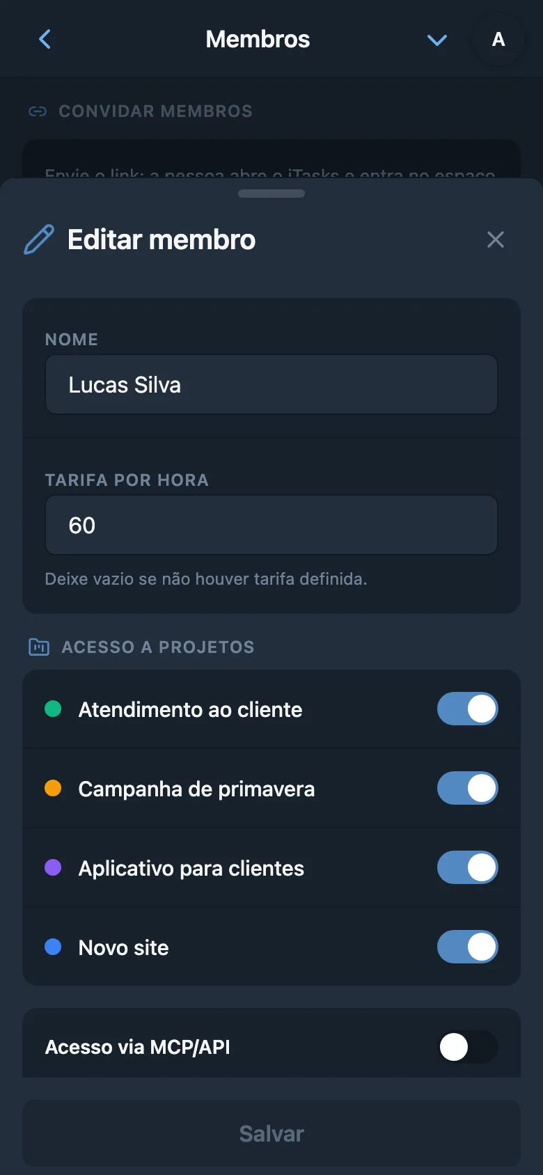Tarifa por hora de um membro da equipe