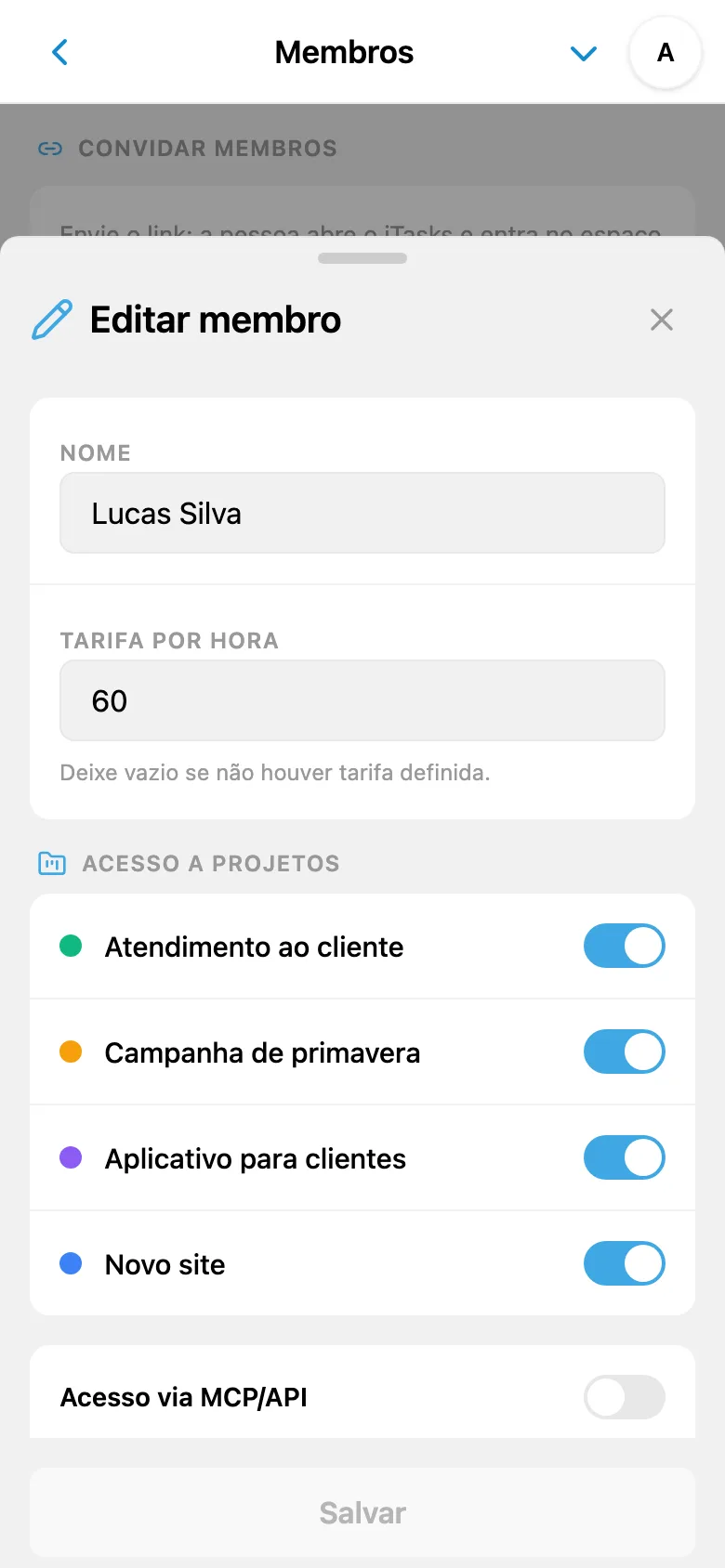 Tarifa por hora de um membro da equipe