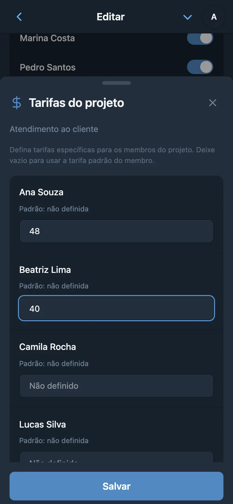 Tarifas individuais dos membros para o projeto selecionado