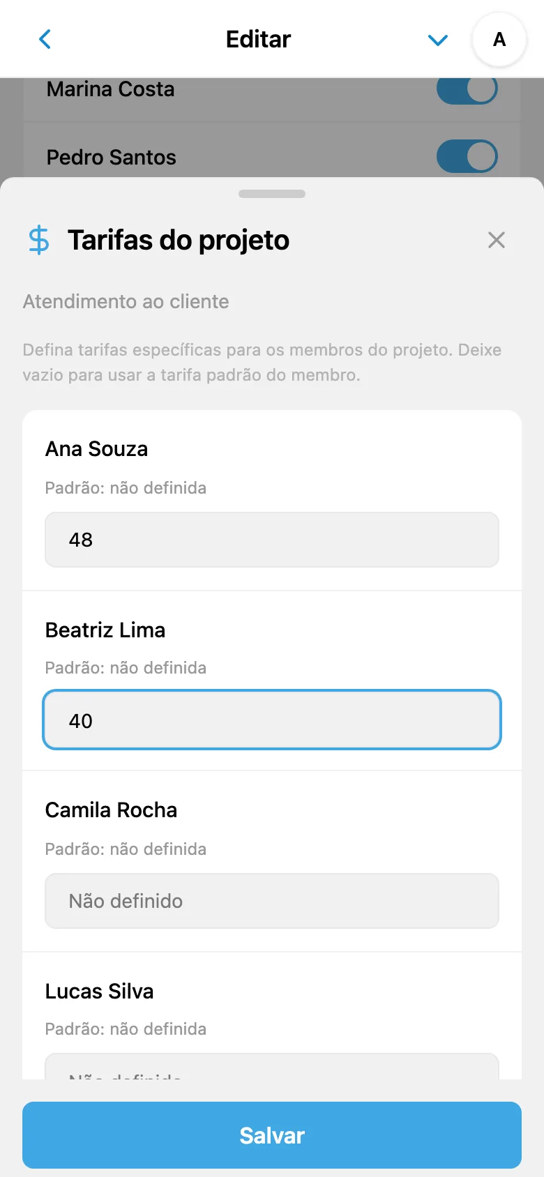 Tarifas individuais dos membros para o projeto selecionado