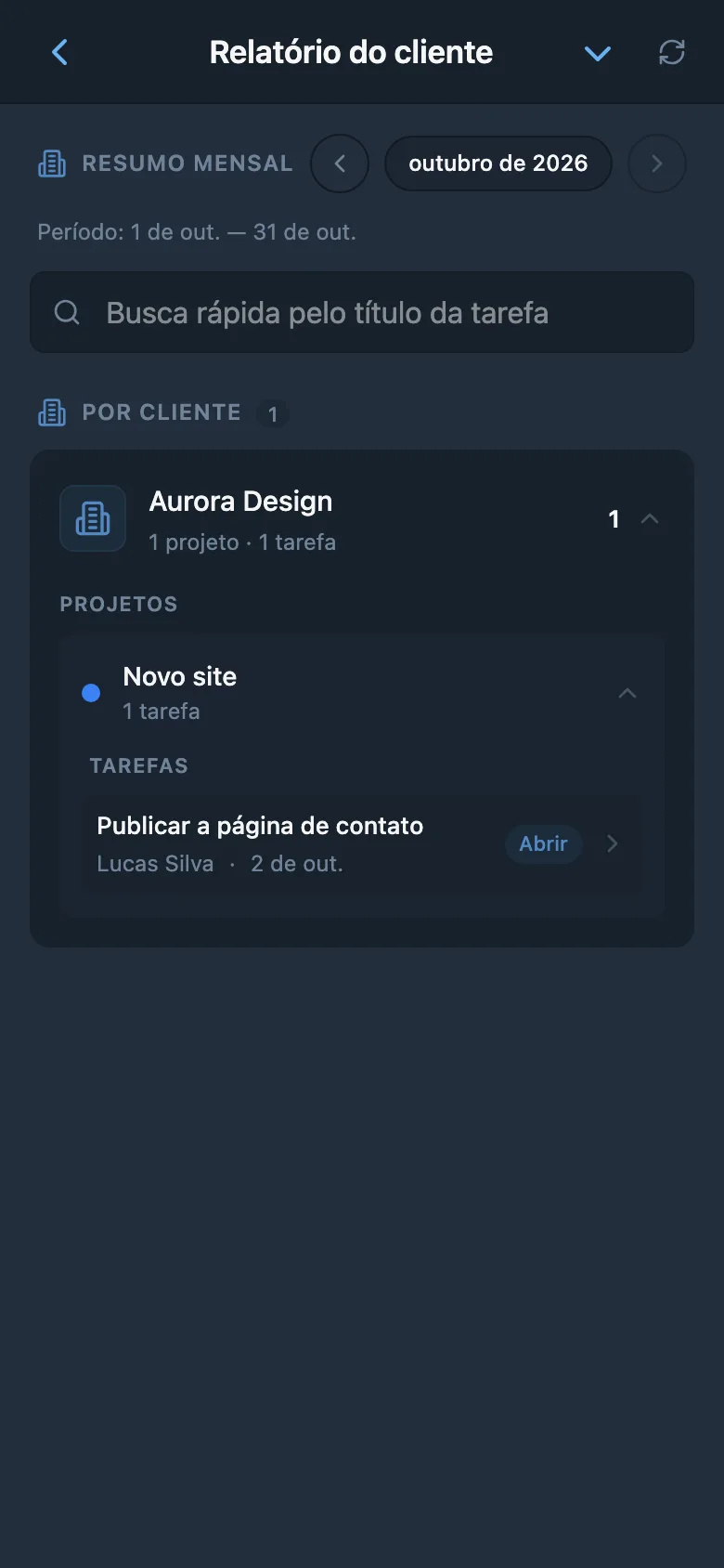 Relatório de tarefas concluídas para o cliente selecionado