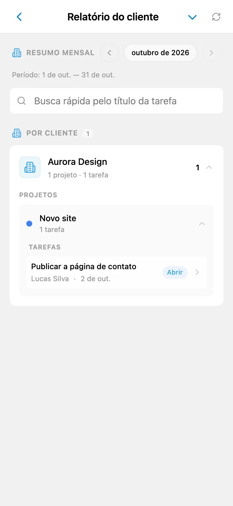 Relatório de tarefas concluídas para o cliente selecionado