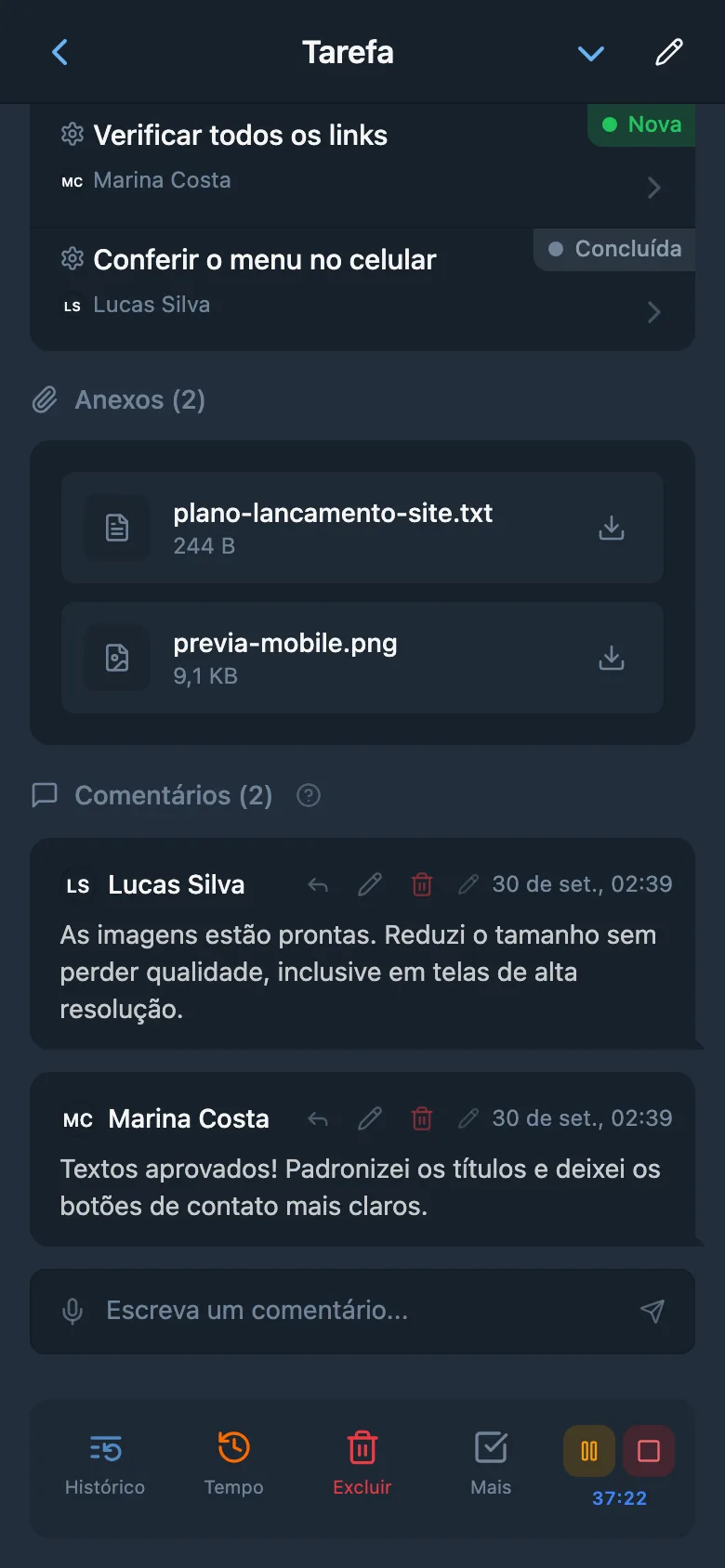Cronômetro de acompanhamento de tempo em execução na tarefa