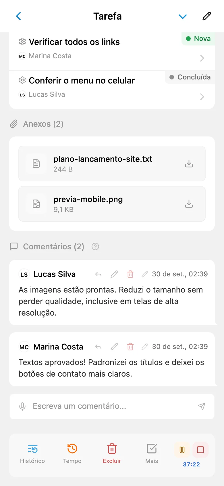 Cronômetro de acompanhamento de tempo em execução na tarefa