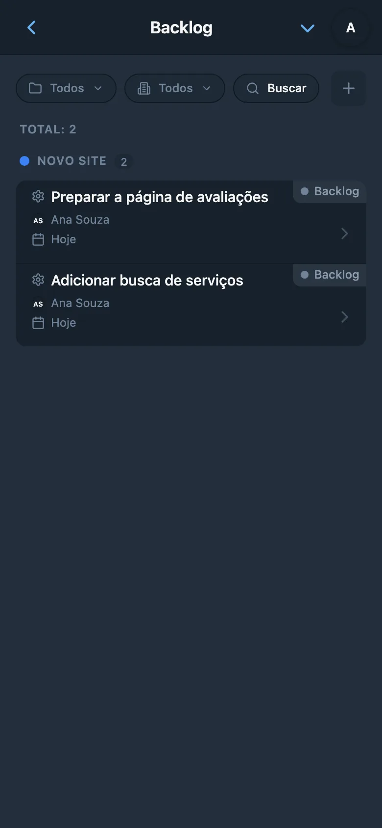 Backlog do projeto com tarefas ainda não iniciadas