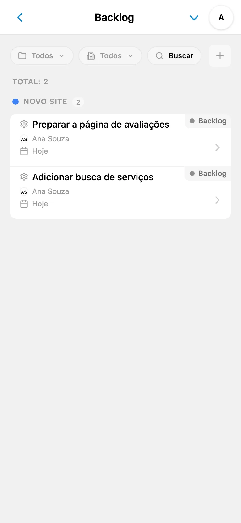 Backlog do projeto com tarefas ainda não iniciadas