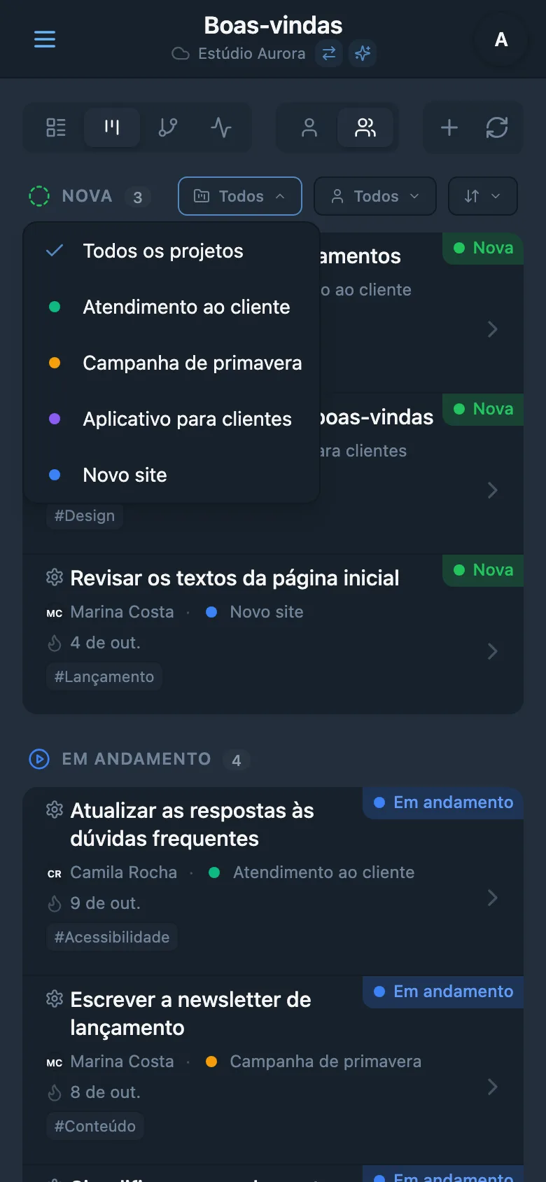 Painel de filtro de tarefas por projeto