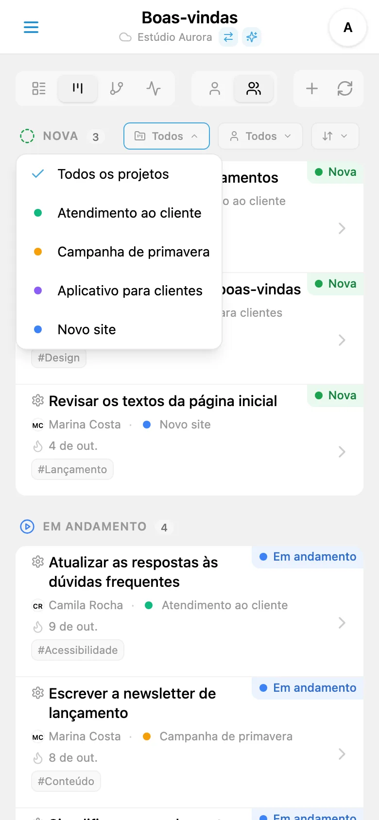 Painel de filtro de tarefas por projeto
