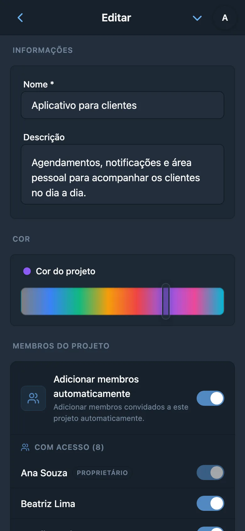 Seleção de cor nas configurações do projeto