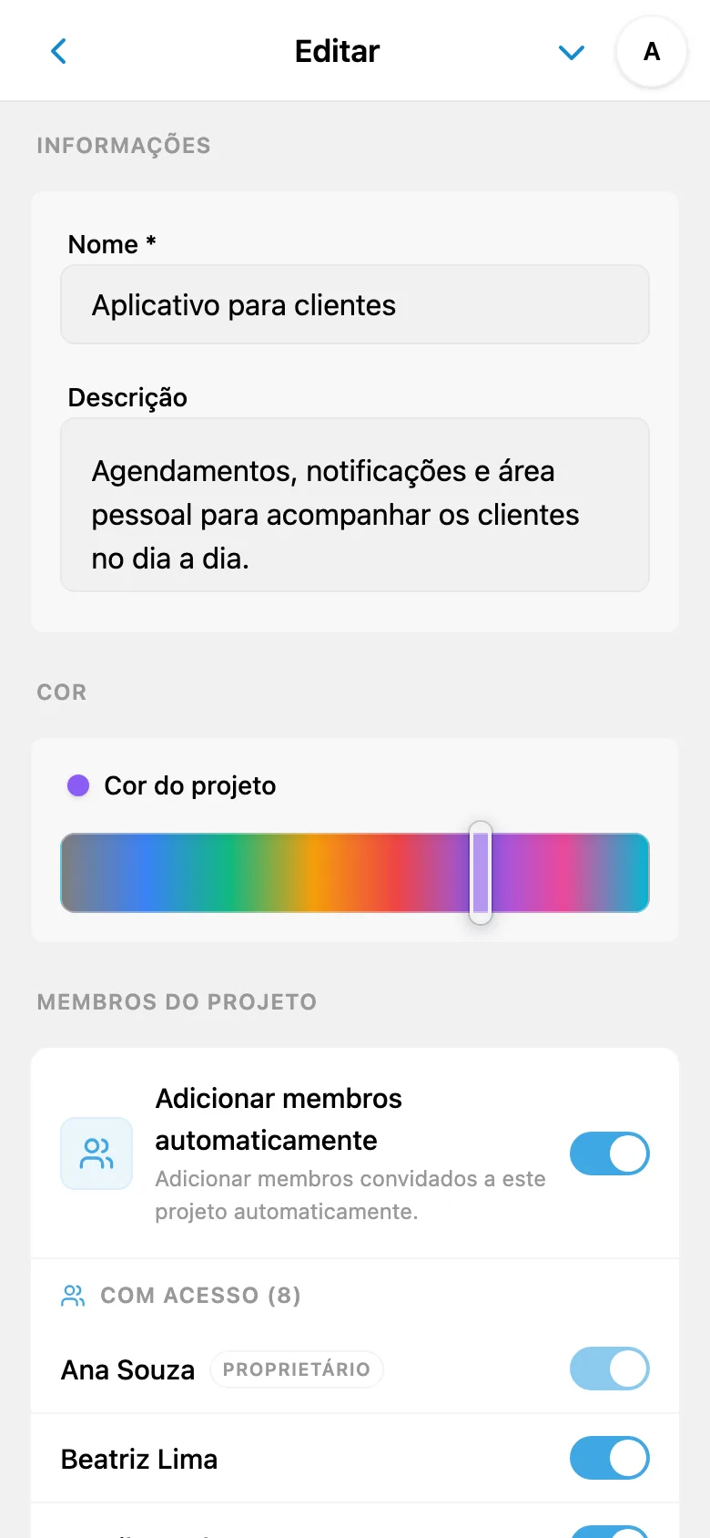 Seleção de cor nas configurações do projeto