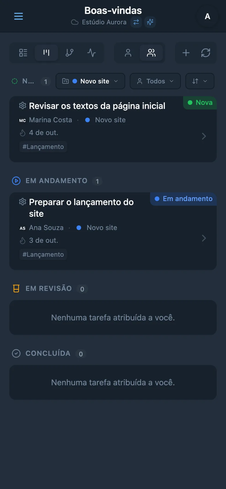 Tarefas do projeto selecionado com sua identificação por cor