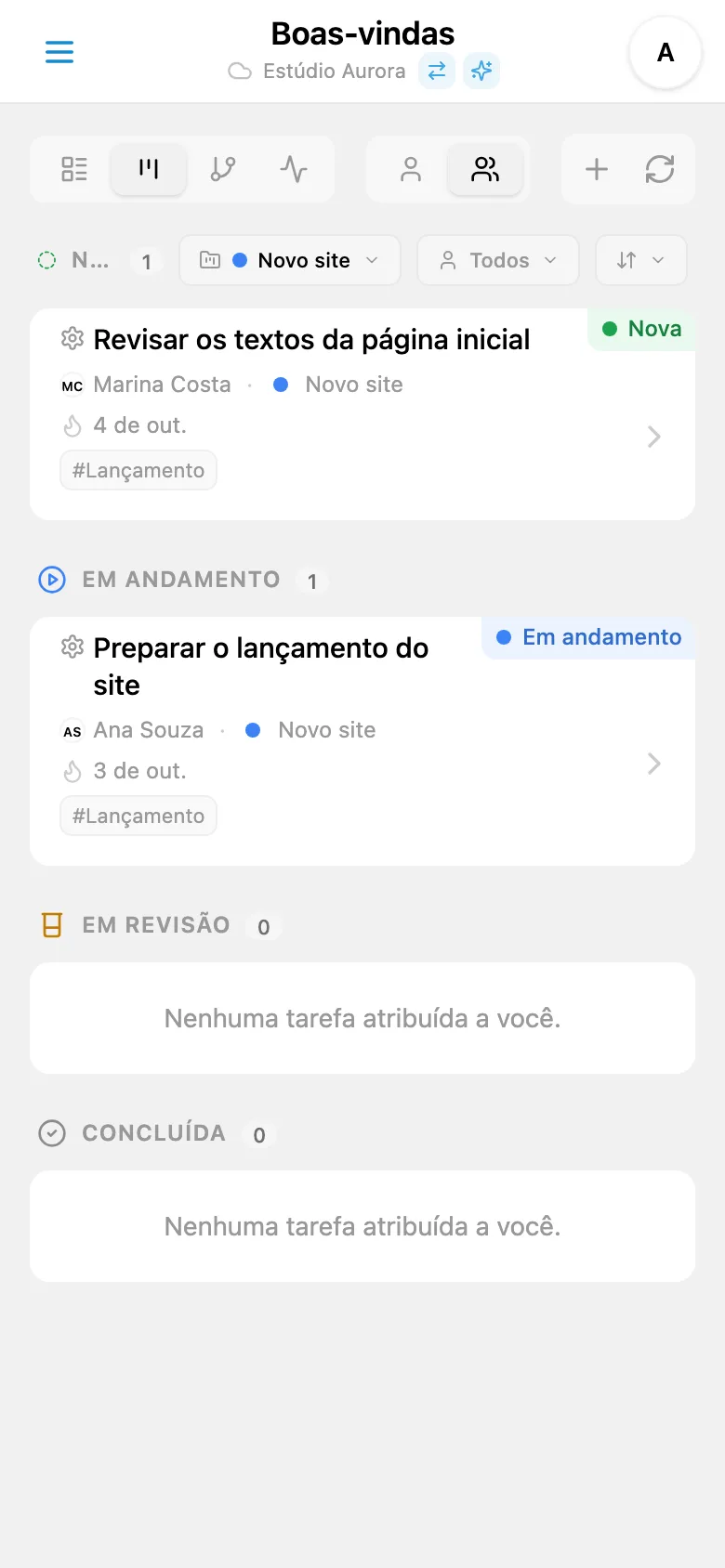 Tarefas do projeto selecionado com sua identificação por cor