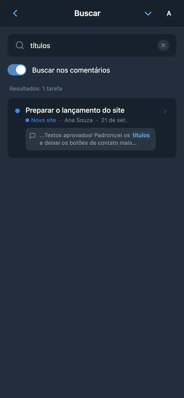 Resultados da busca nos comentários de tarefas