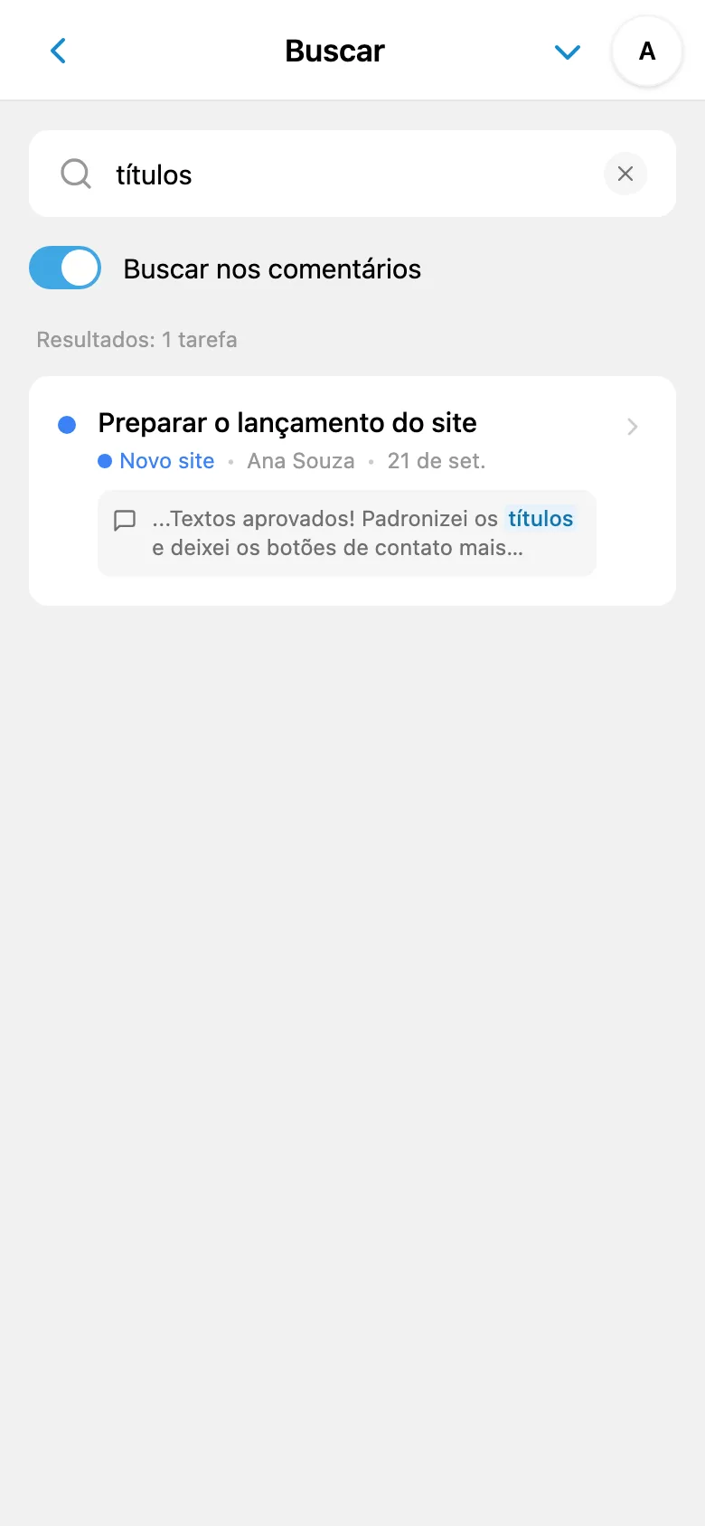 Resultados da busca nos comentários de tarefas