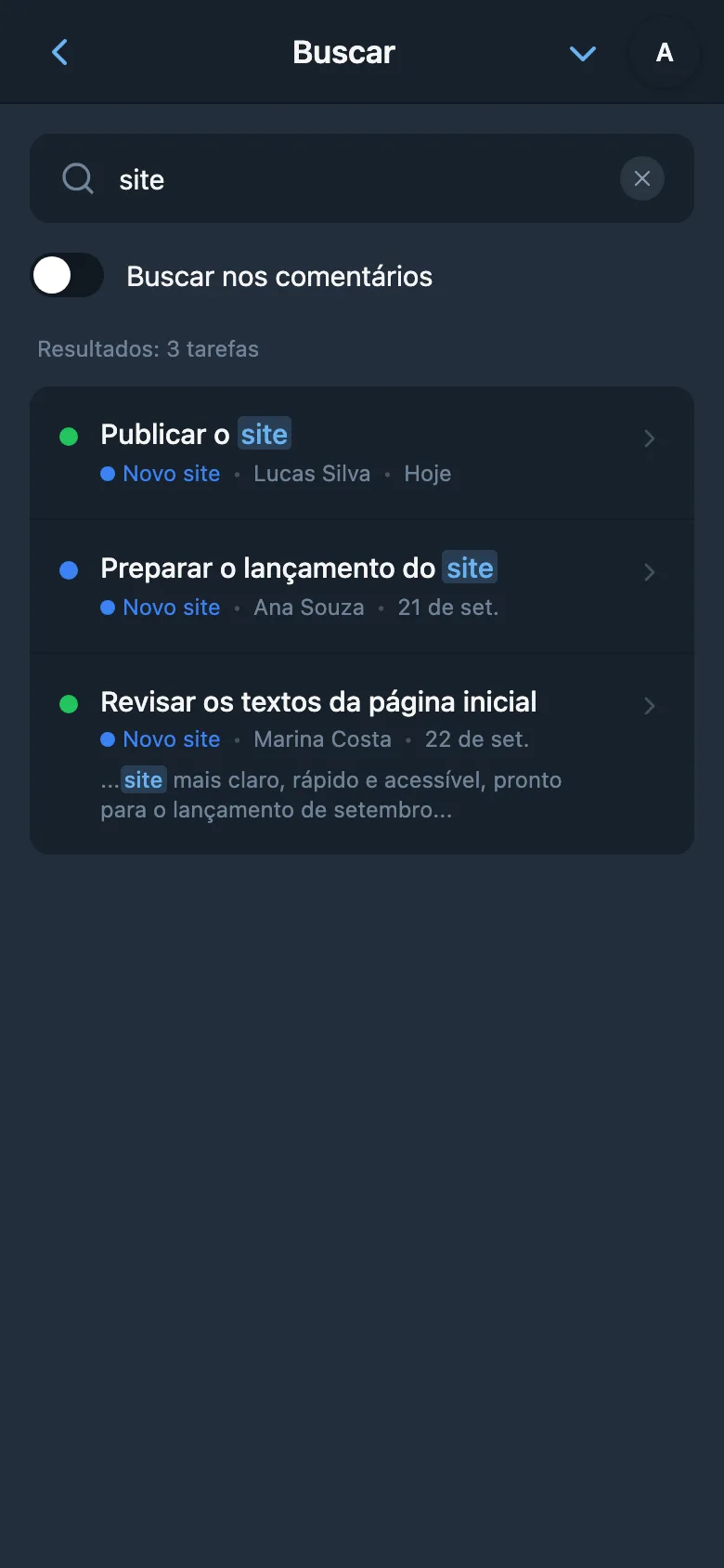 Busca de tarefas com consulta preenchida e resultados exibidos