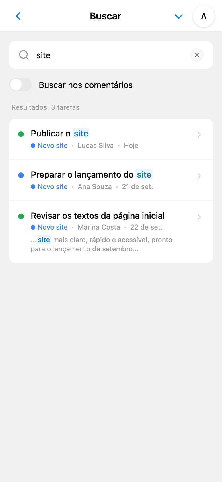 Busca de tarefas com consulta preenchida e resultados exibidos